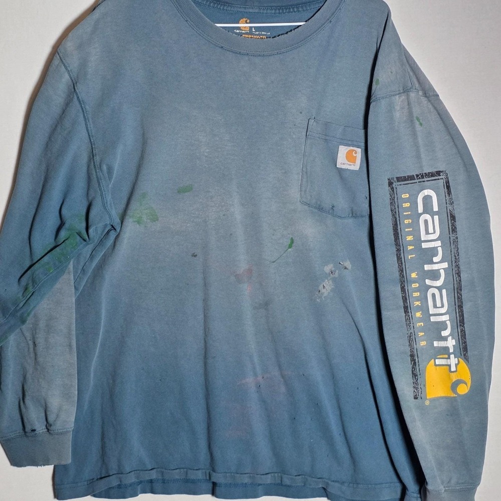 Vintage Faded Blue Carhartt Sleeve Logo Pocket Long Sleeve Tee Distressed Large